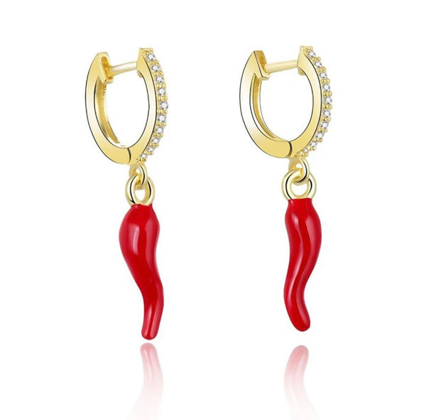 Sterling Silver Gold Plated Red Cornicello Charm Earrings Hoops
