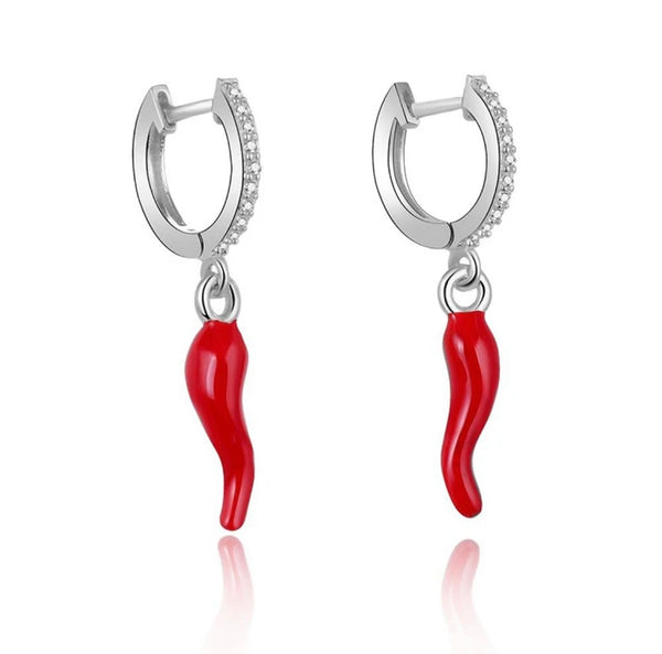 Sterling Silver Cornicello Hoop Earrings with Red Charm